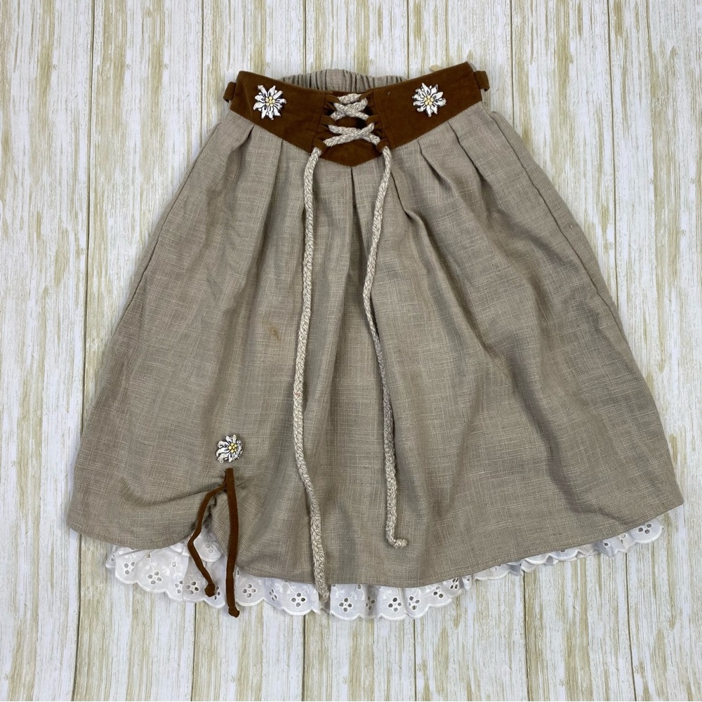 Landhaus Tan Brown Linen Floral Embroidered Skirt